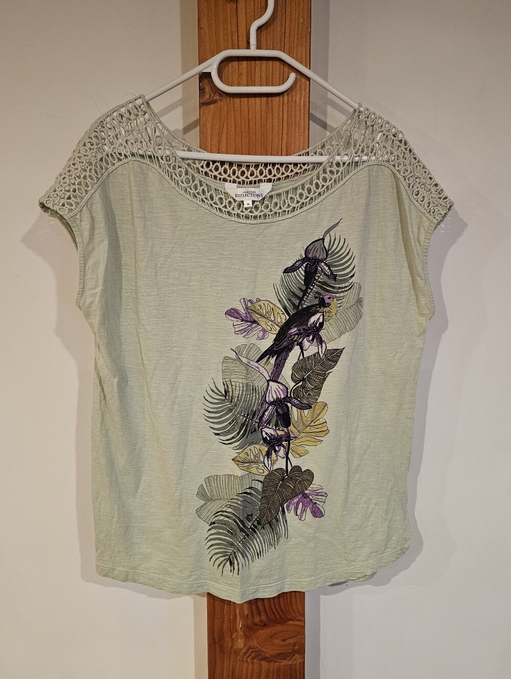 Northern Reflections Sage Green T- Shirt With Crochet Neckline